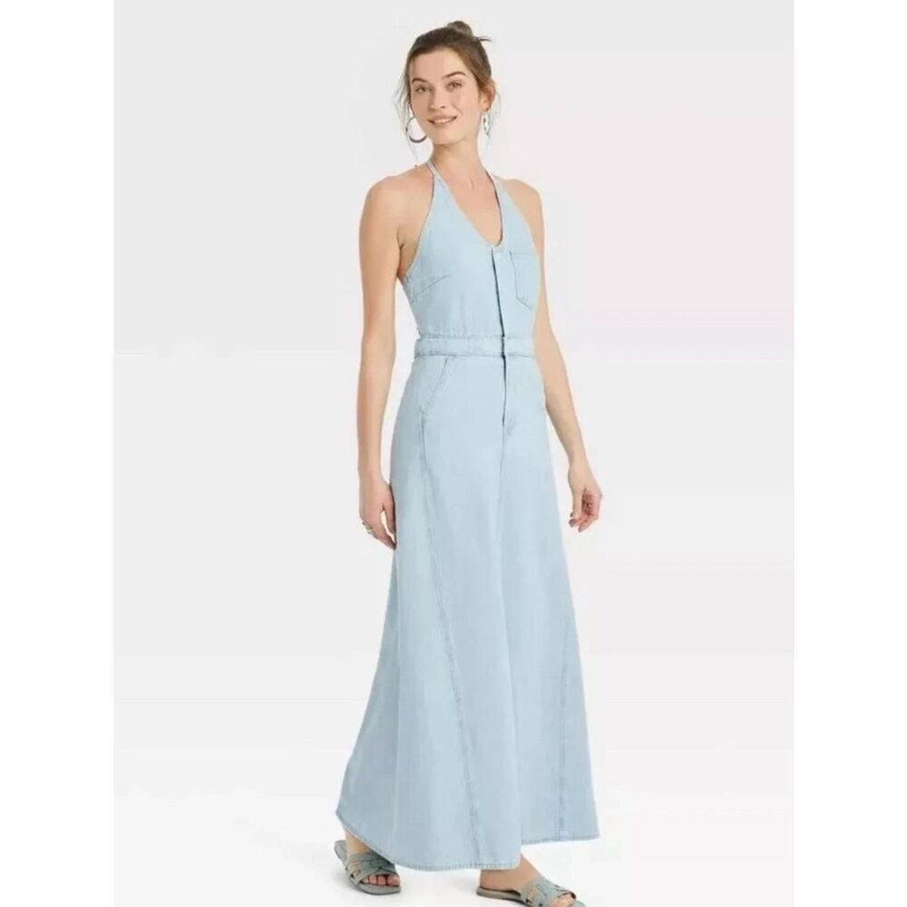Universal Threads Light Blue Halter Maxi Dress ruched back band